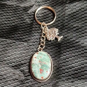 Ruby Zoisite Semi-Precious Gemstons Silver Tree Keychain Green and Red Stone